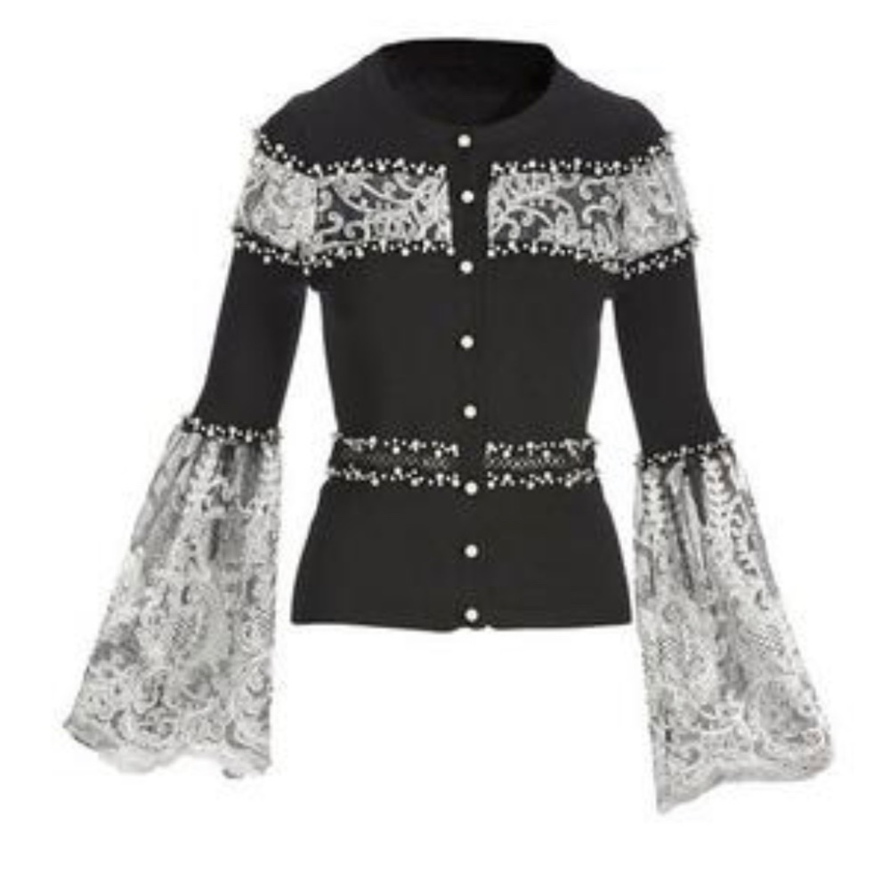 PEARL AND LACE EMBELLISHED CARDIGAN